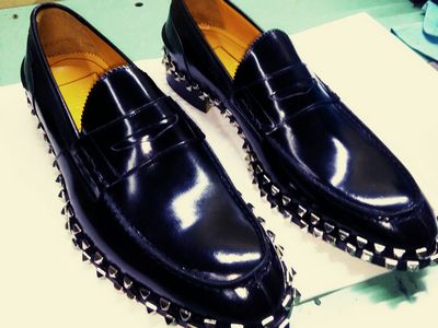 Unique shoes, with hand-made studs, in shell cordovan leather